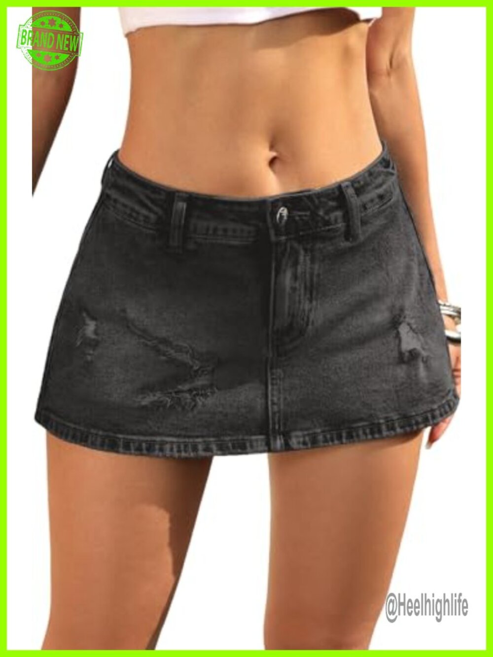 Low Rise Ripped Denim Mini Skort with Built-In Shorts Distressed Frayed Hem